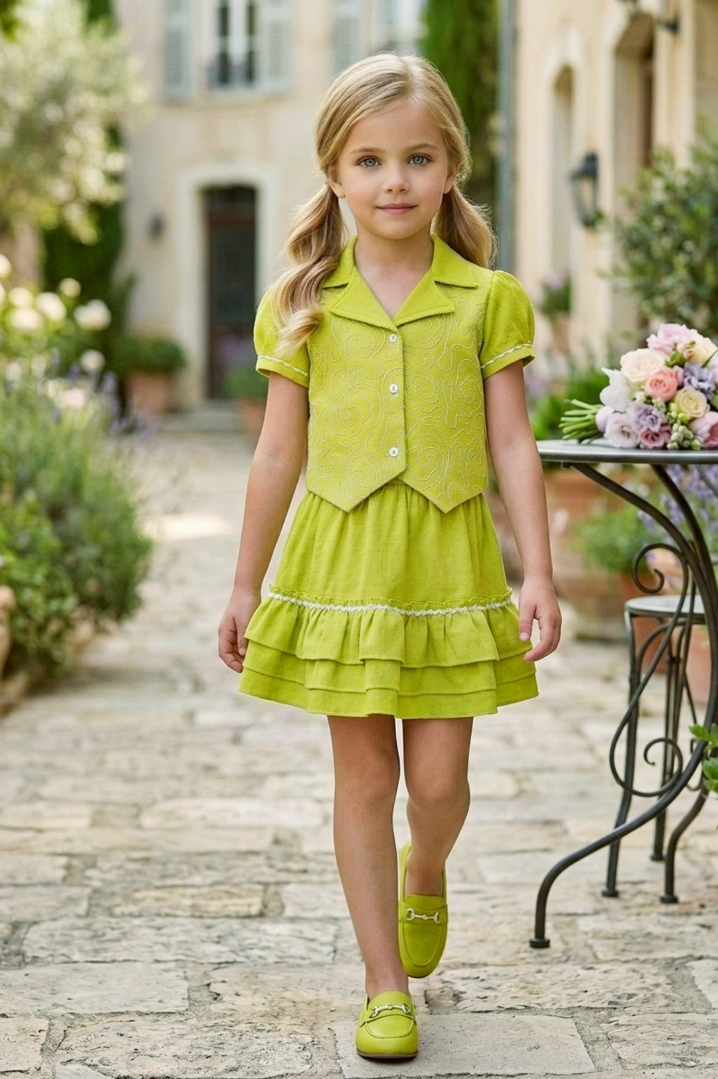 Girls Green 2-Piece Skirt Set – Embroidered Top & Skirt (Ages 1-9)