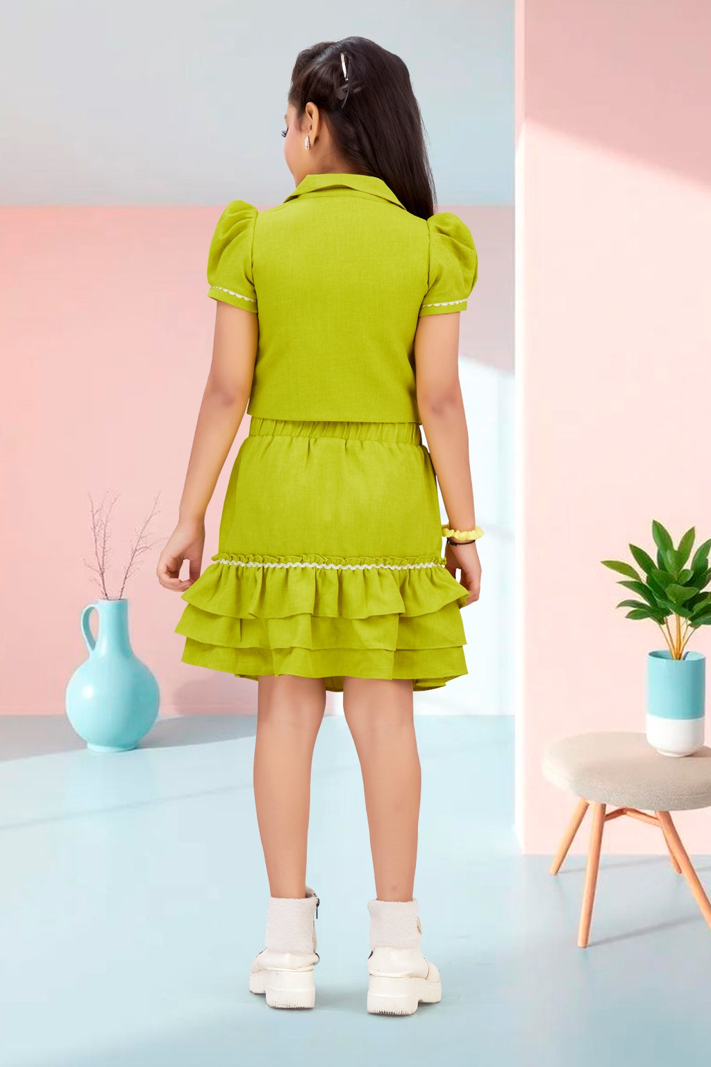 Girls Green 2-Piece Skirt Set – Embroidered Top & Skirt (Ages 1-9)