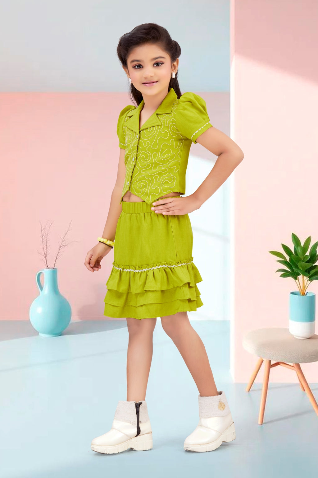 Girls Green 2-Piece Skirt Set – Embroidered Top & Skirt (Ages 1-9)