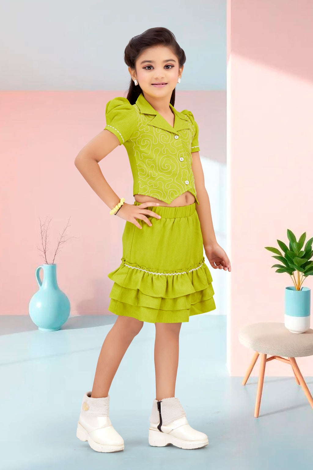 Girls Green 2-Piece Skirt Set – Embroidered Top & Skirt (Ages 1-9)