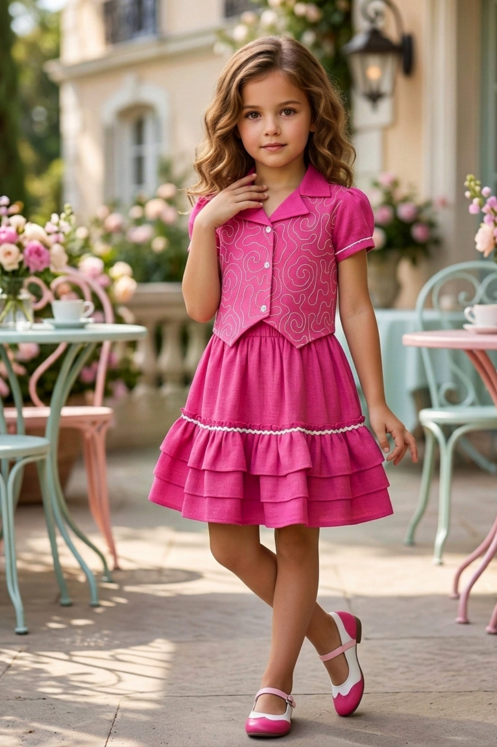 Girls Pink 2-Piece Skirt Set – Embroidered Top & Skirt (Ages 1-9)