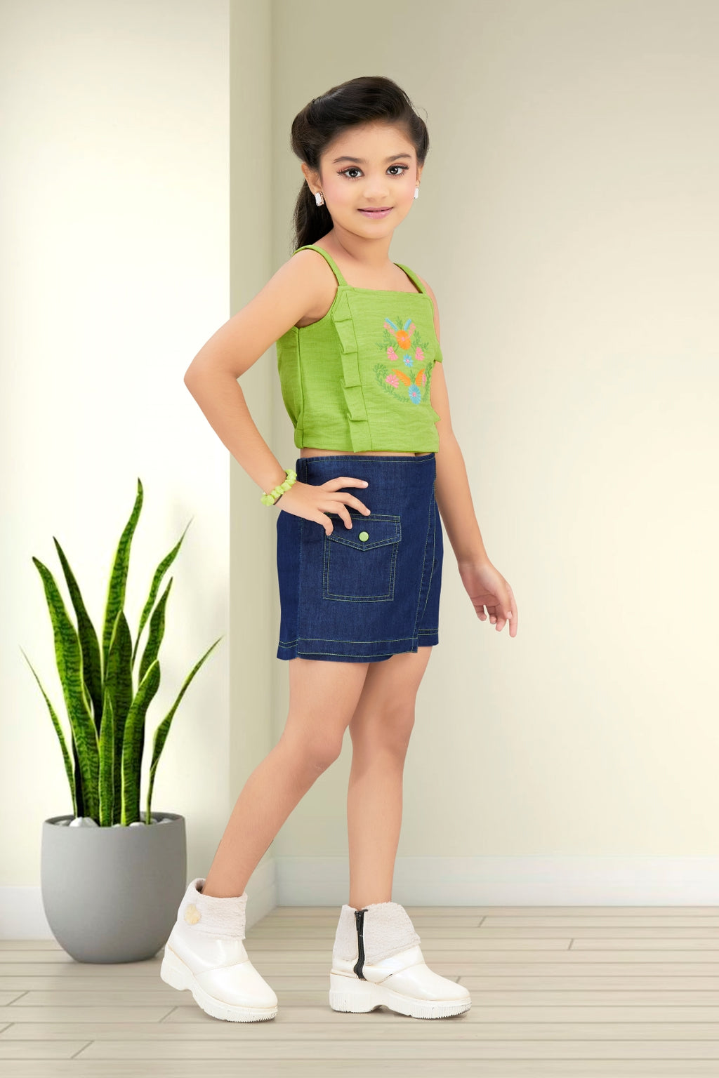 Girls Green Embroidered Crop Top & Denim Skort