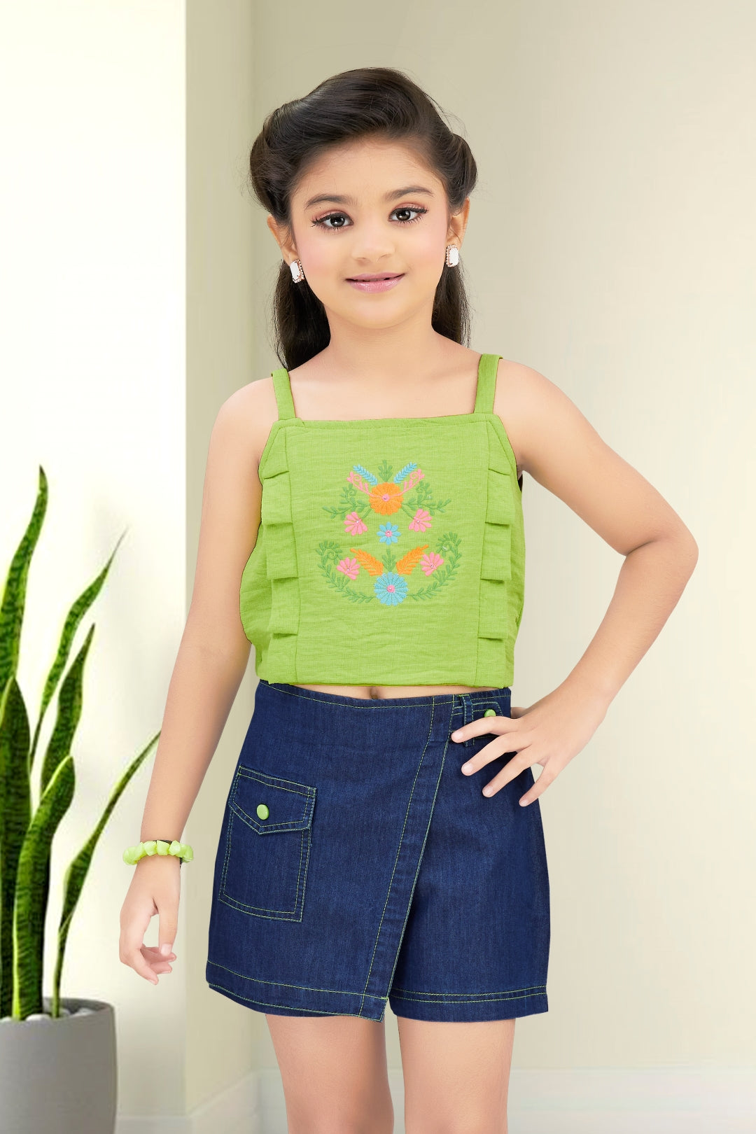 Girls Green Embroidered Crop Top & Denim Skort