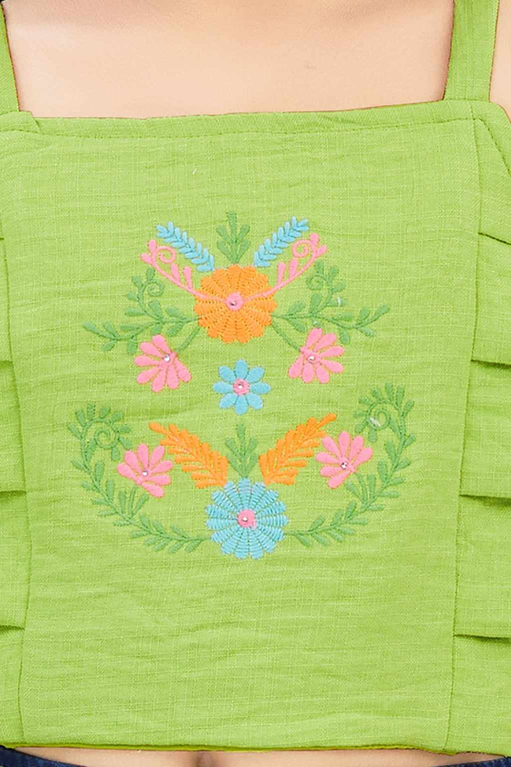 Girls Green Embroidered Crop Top & Denim Skort