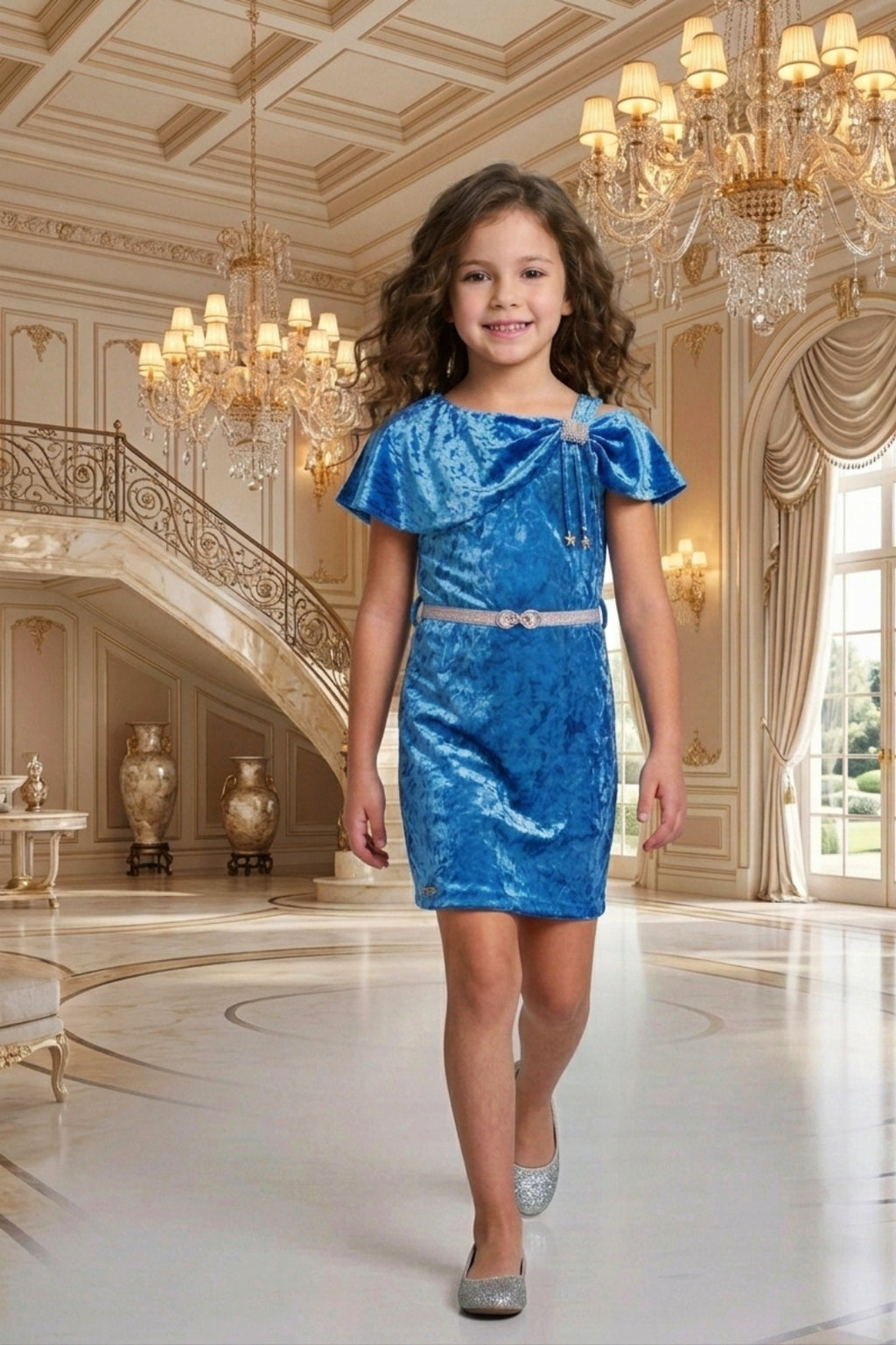Girls Blue Velvet Cold-Shoulder Party Dress with Belt