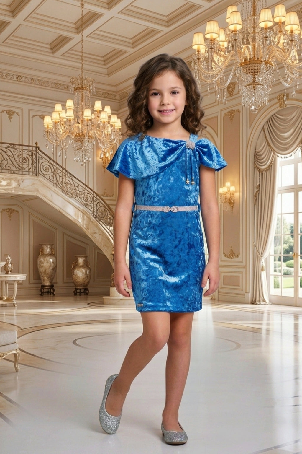 Girls Blue Velvet Cold-Shoulder Party Dress with Belt