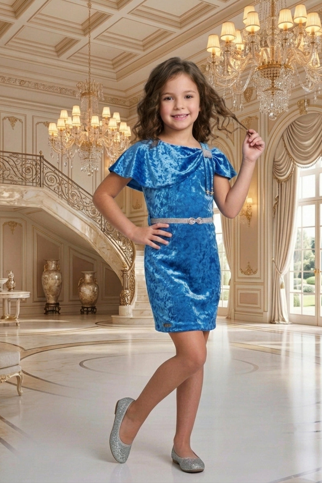 Girls Blue Velvet Cold-Shoulder Party Dress with Belt