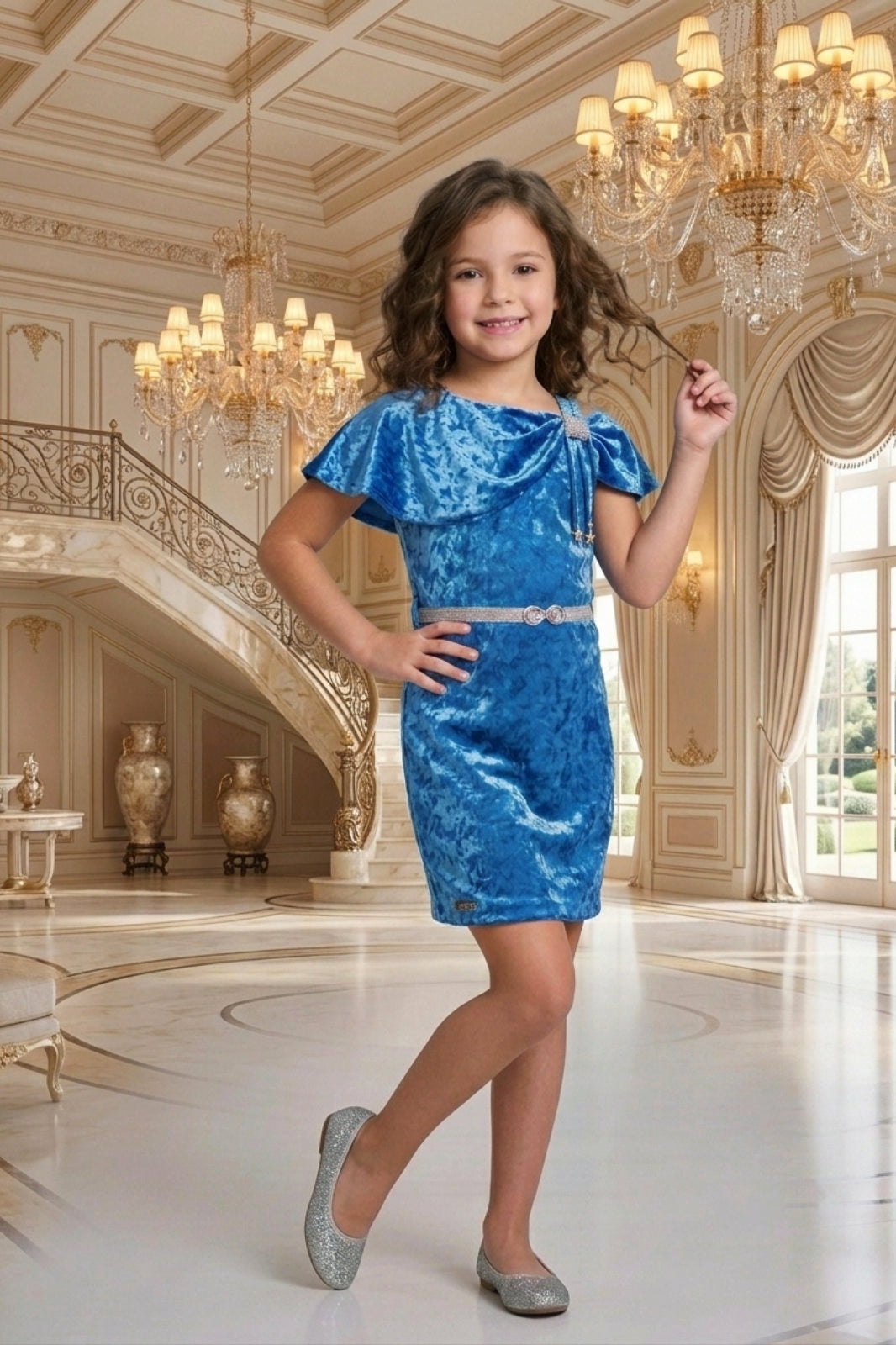 Girls Blue Velvet Cold-Shoulder Party Dress with Belt