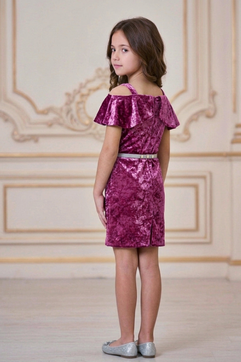 Girls Pink Velvet Cold-Shoulder Party Dress with Belt