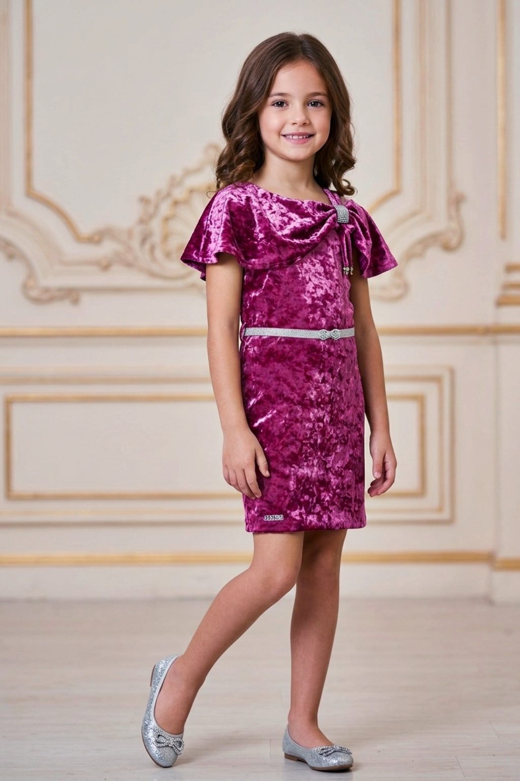 Girls Pink Velvet Cold-Shoulder Party Dress with Belt