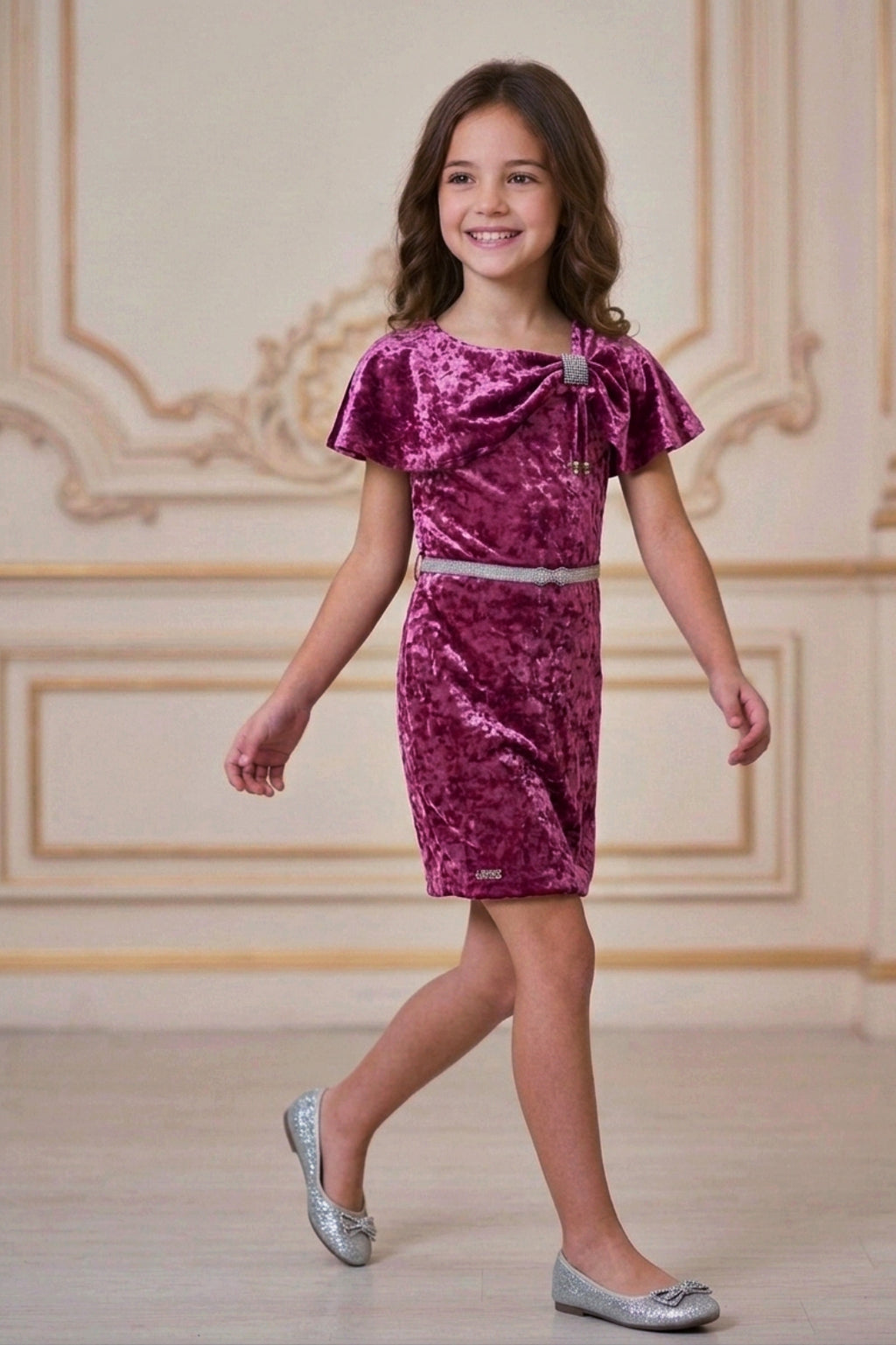 Girls Pink Velvet Cold-Shoulder Party Dress with Belt