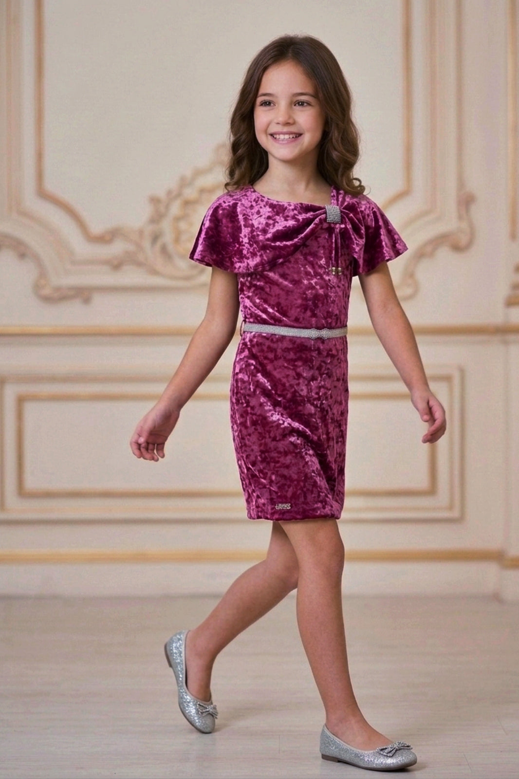 Girls Pink Velvet Cold-Shoulder Party Dress with Belt
