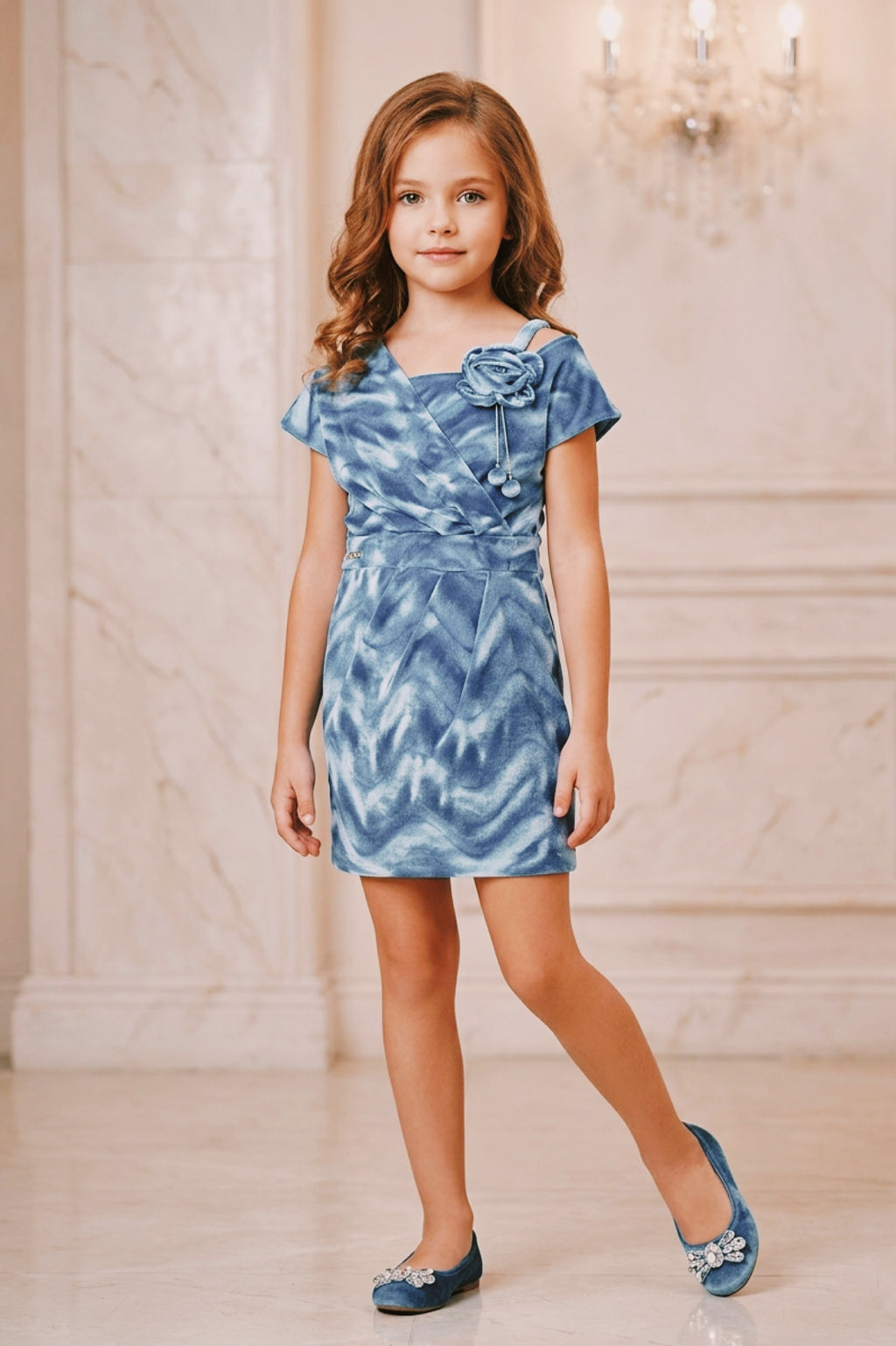 Girls Blue Shimmering Velvet Party Dress