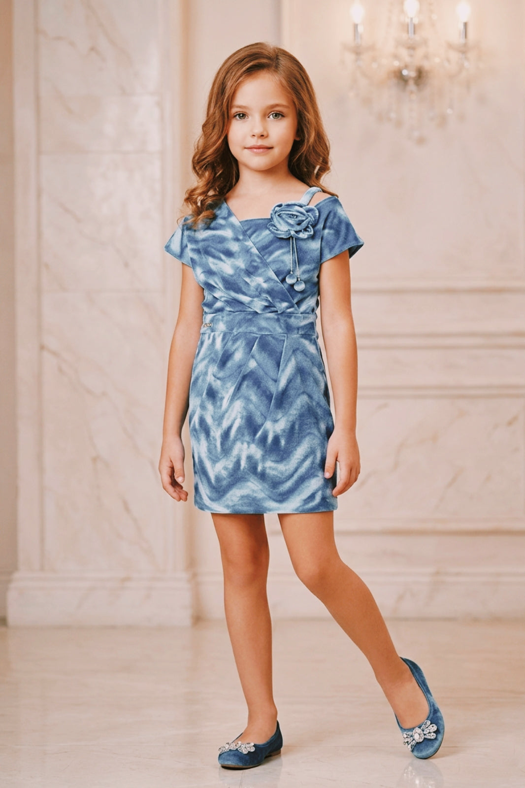 Girls Blue Shimmering Velvet Party Dress