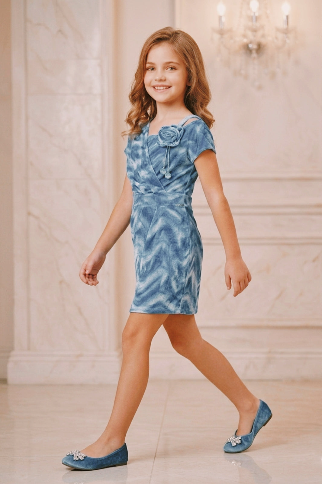 Girls Blue Shimmering Velvet Party Dress