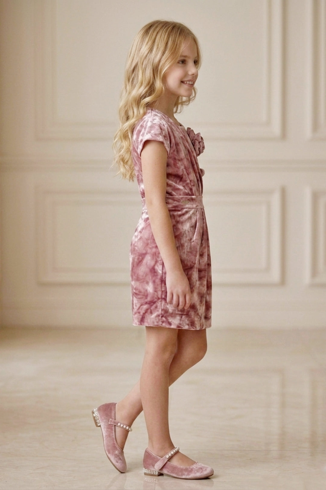 Girls Pink Shimmering Velvet Party Dress