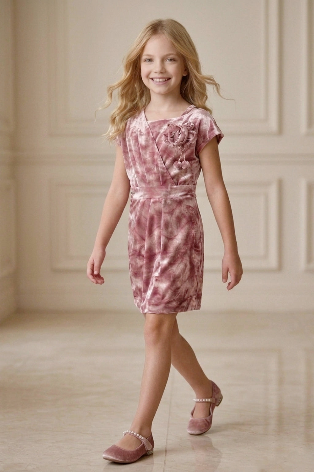 Girls Pink Shimmering Velvet Party Dress