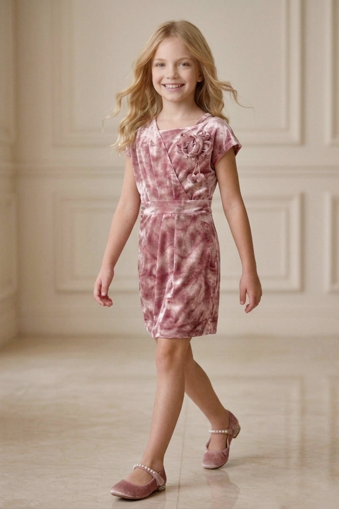 Girls Pink Shimmering Velvet Party Dress