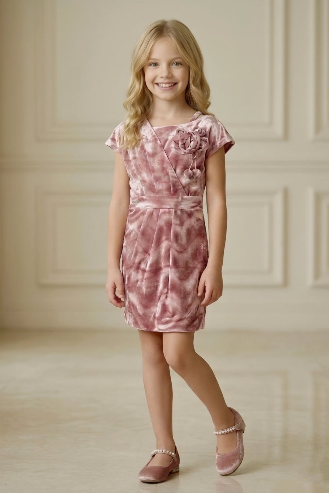 Girls Pink Shimmering Velvet Party Dress