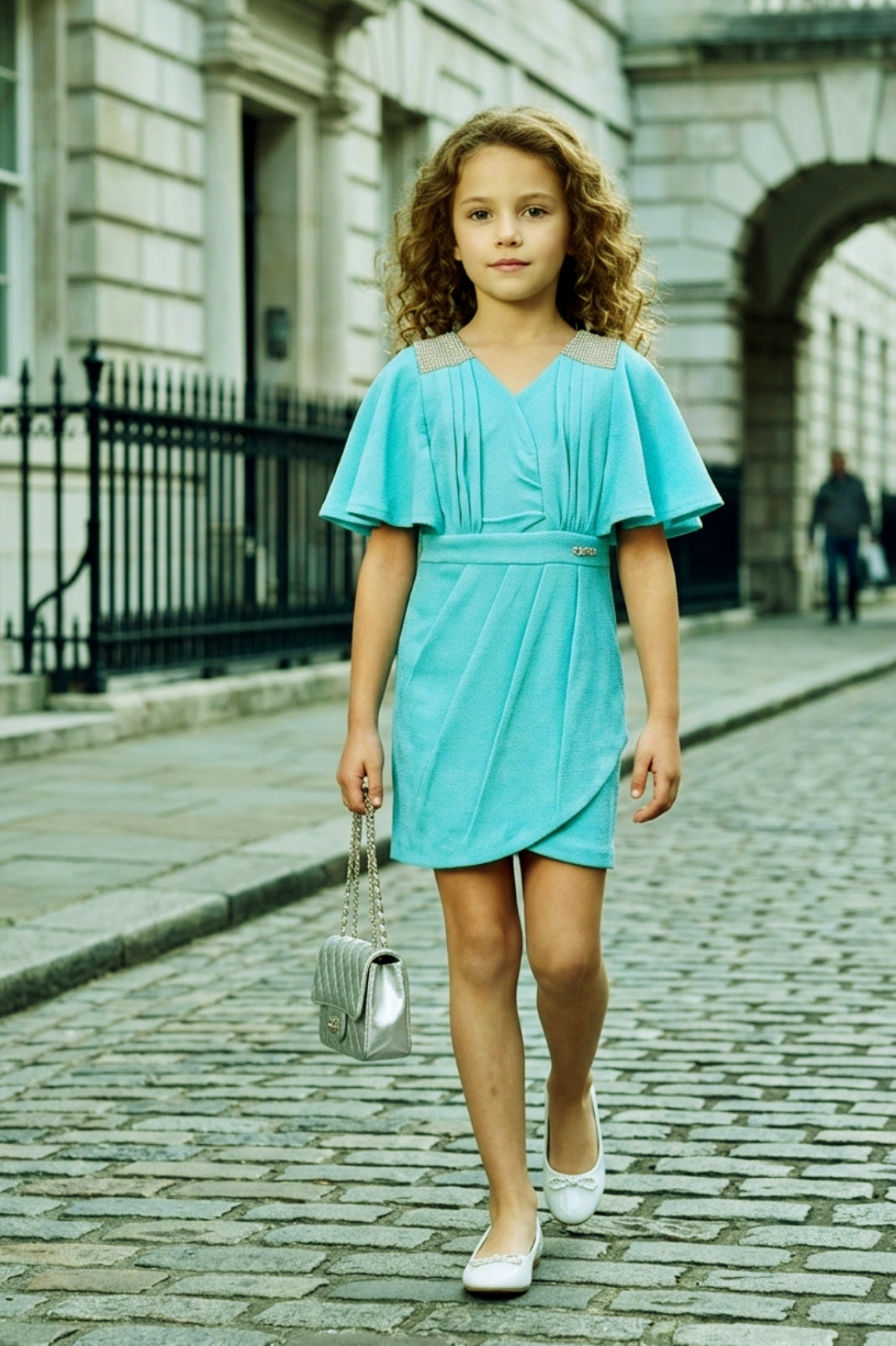 Girls Blue Flutter Cape Sleeves Midi Dress
