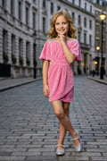 Girls Pink Flutter Cape Sleeves Midi Dress