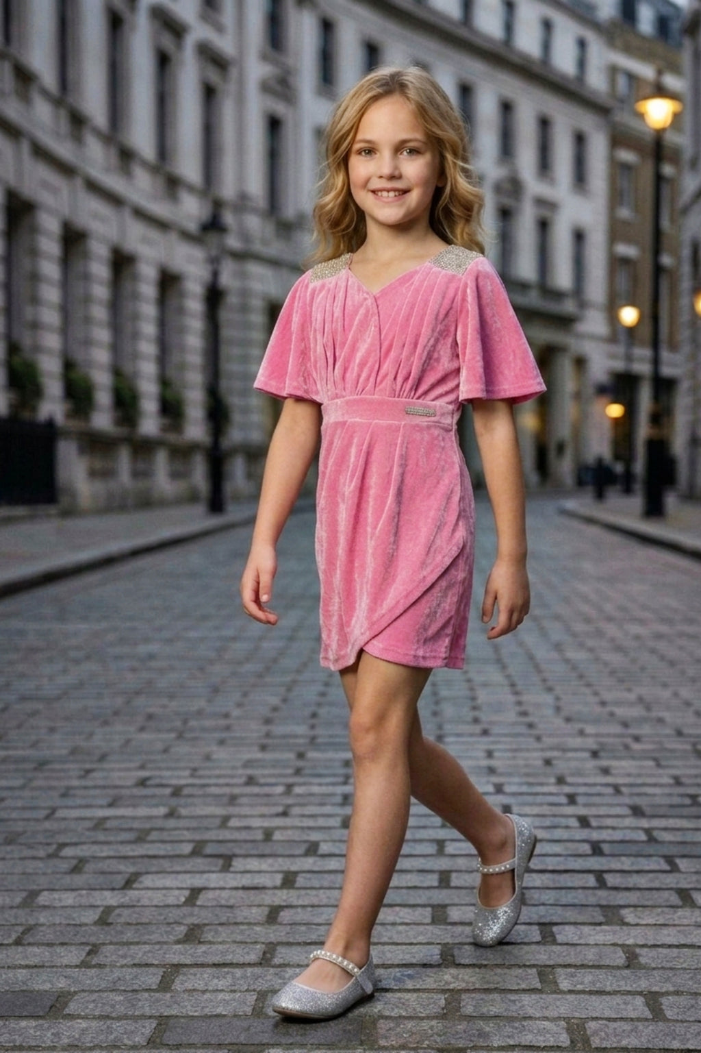 Girls Pink Flutter Cape Sleeves Midi Dress