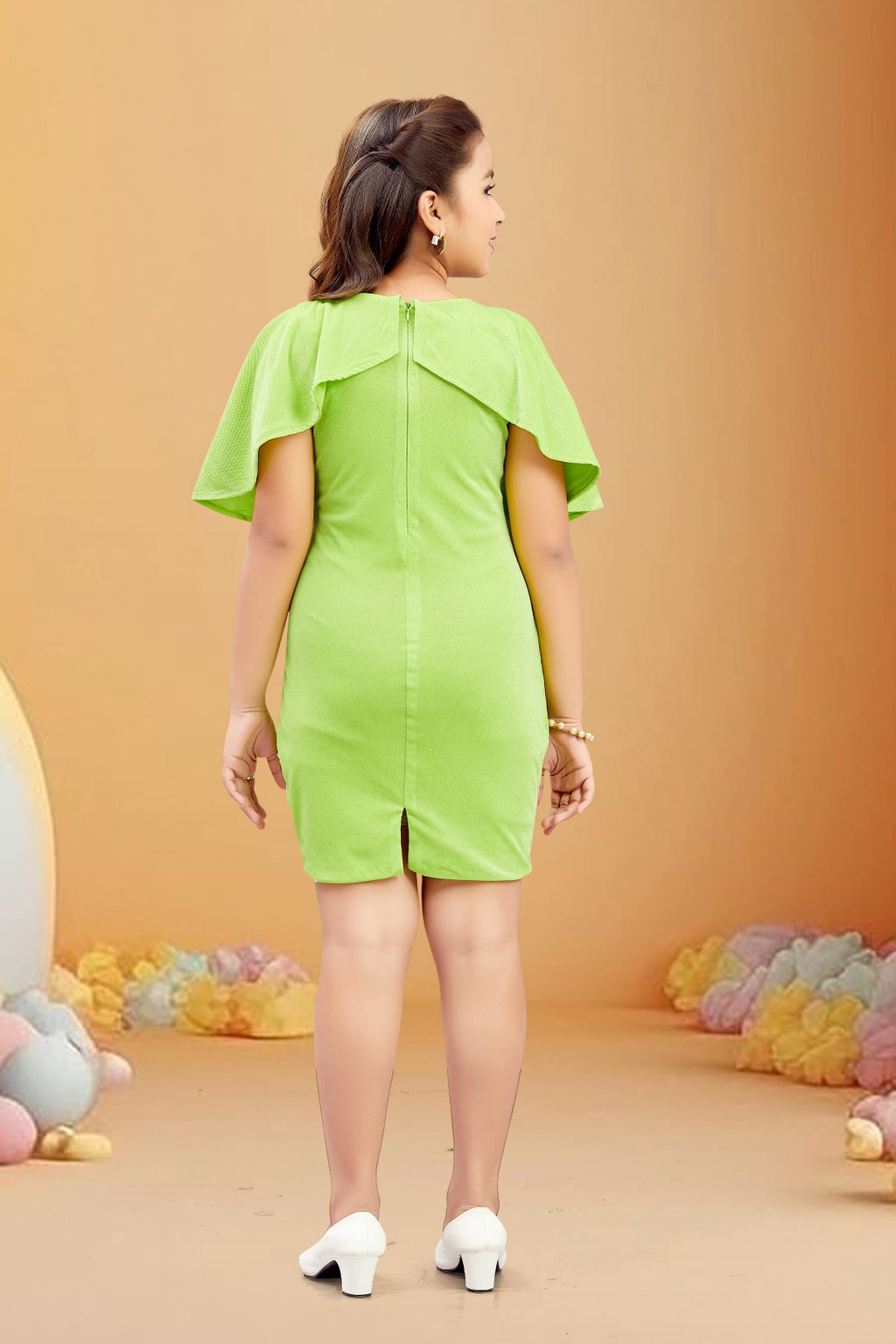 Girls Green Flutter Cape Sleeves Midi Dress