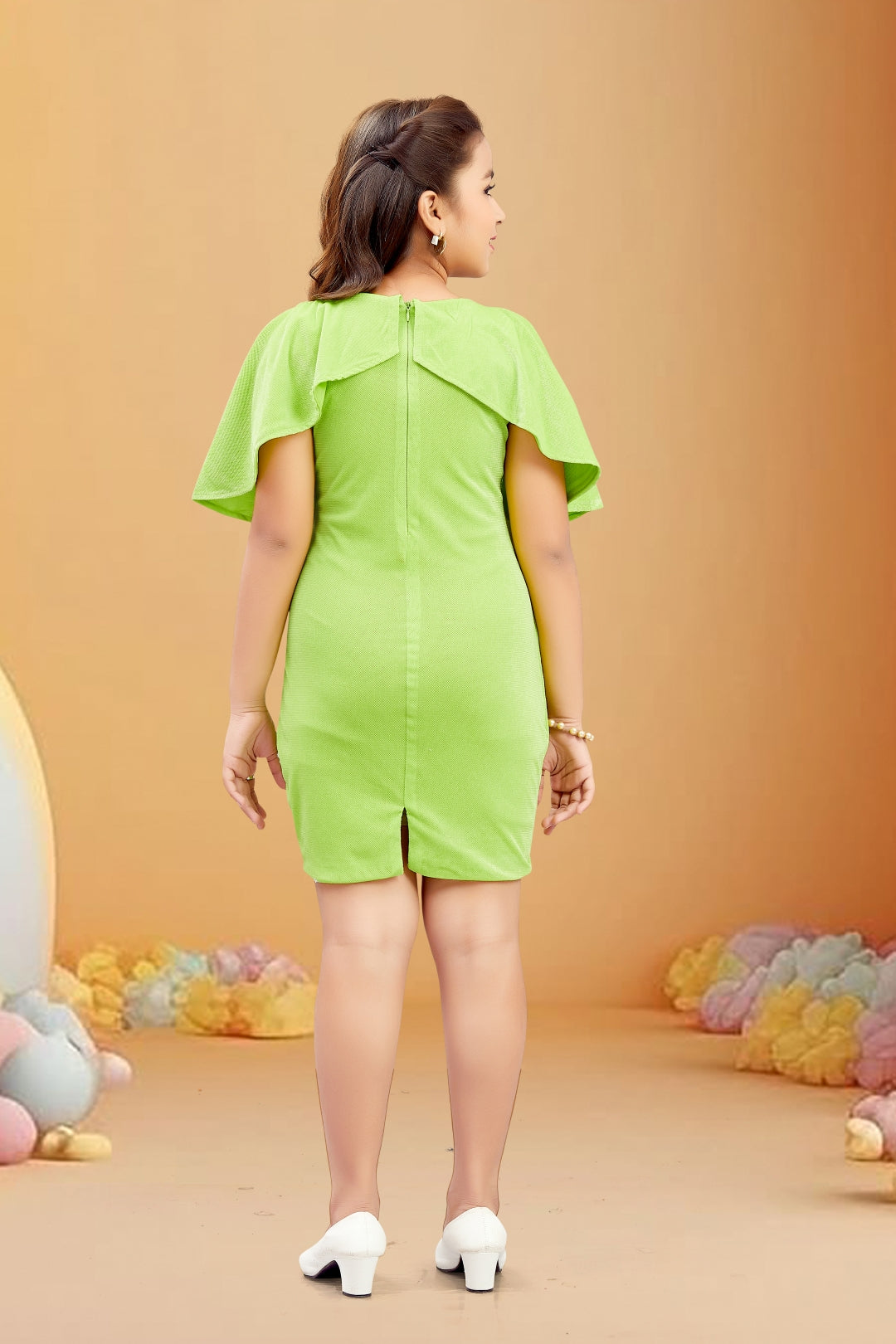 Girls Green Flutter Cape Sleeves Midi Dress