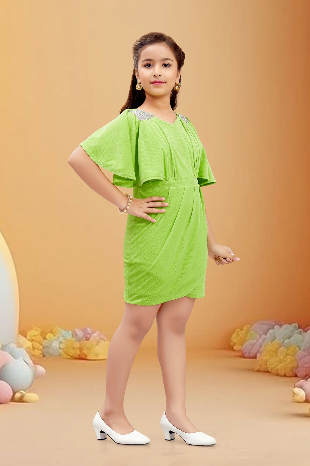 Girls Green Flutter Cape Sleeves Midi Dress