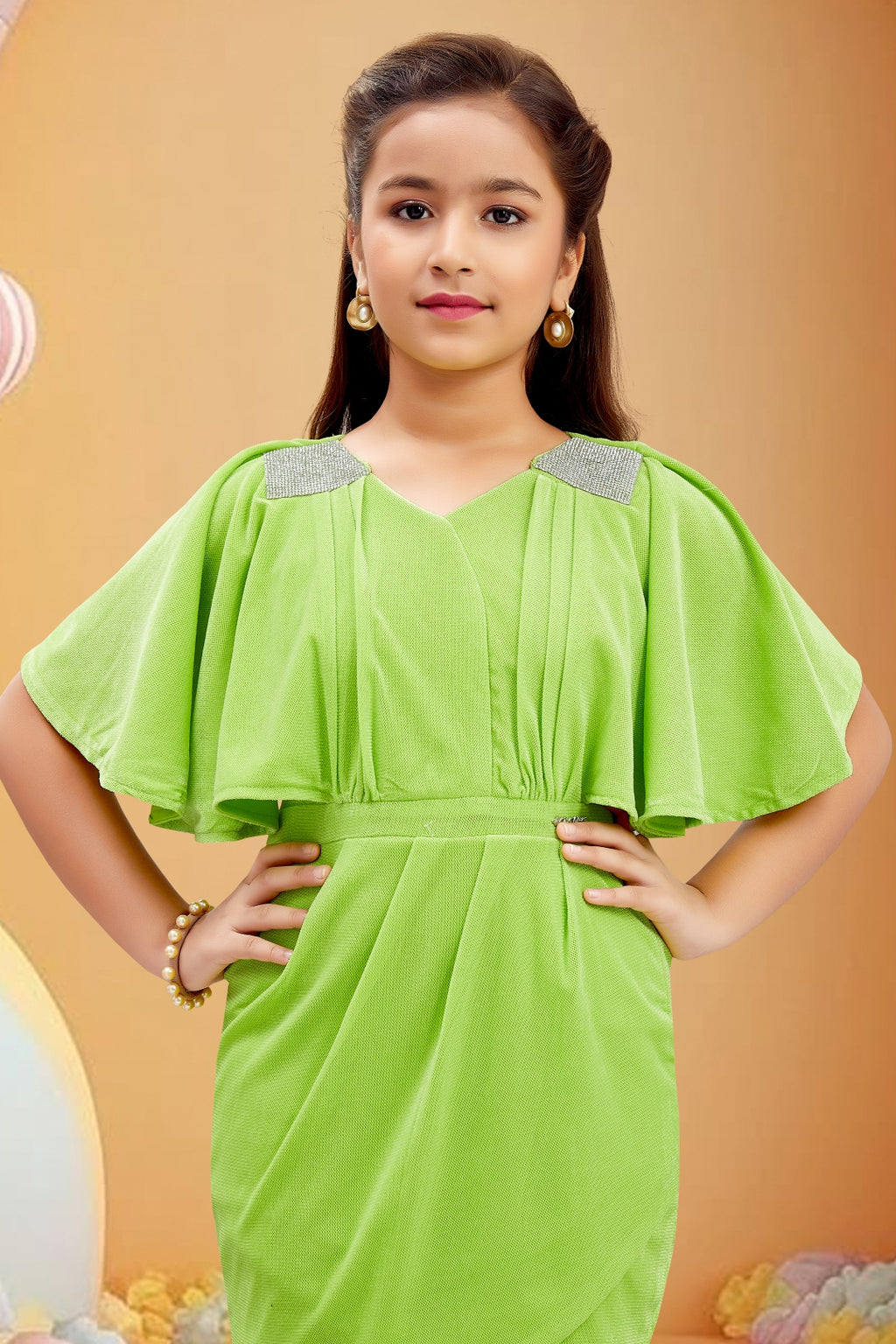 Girls Green Flutter Cape Sleeves Midi Dress