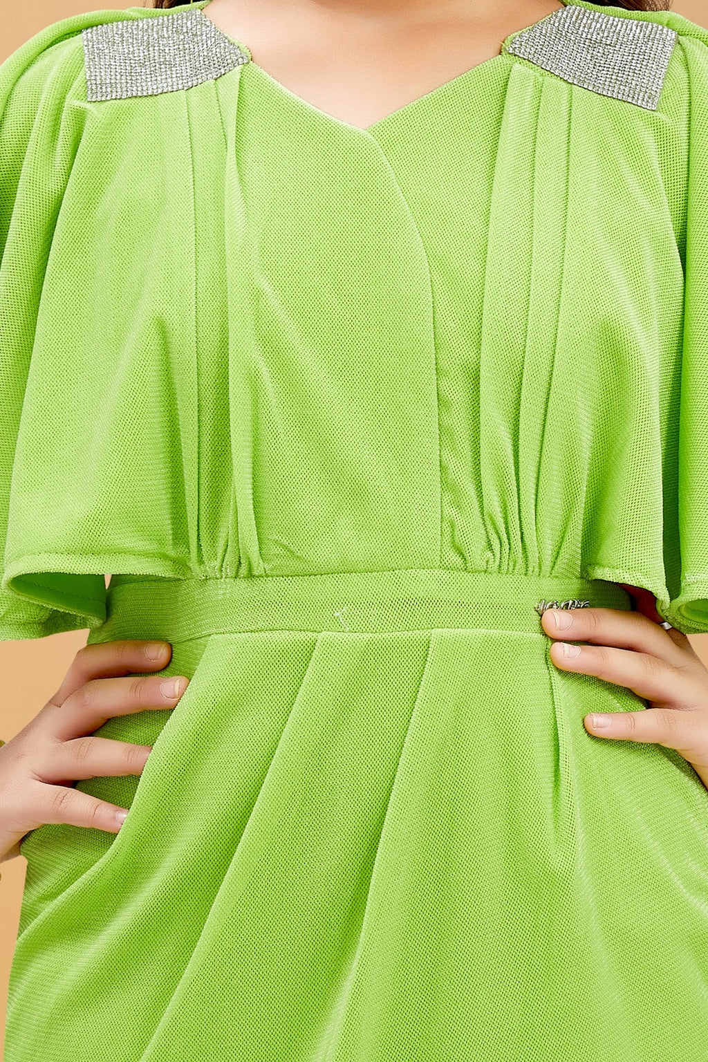 Girls Green Flutter Cape Sleeves Midi Dress