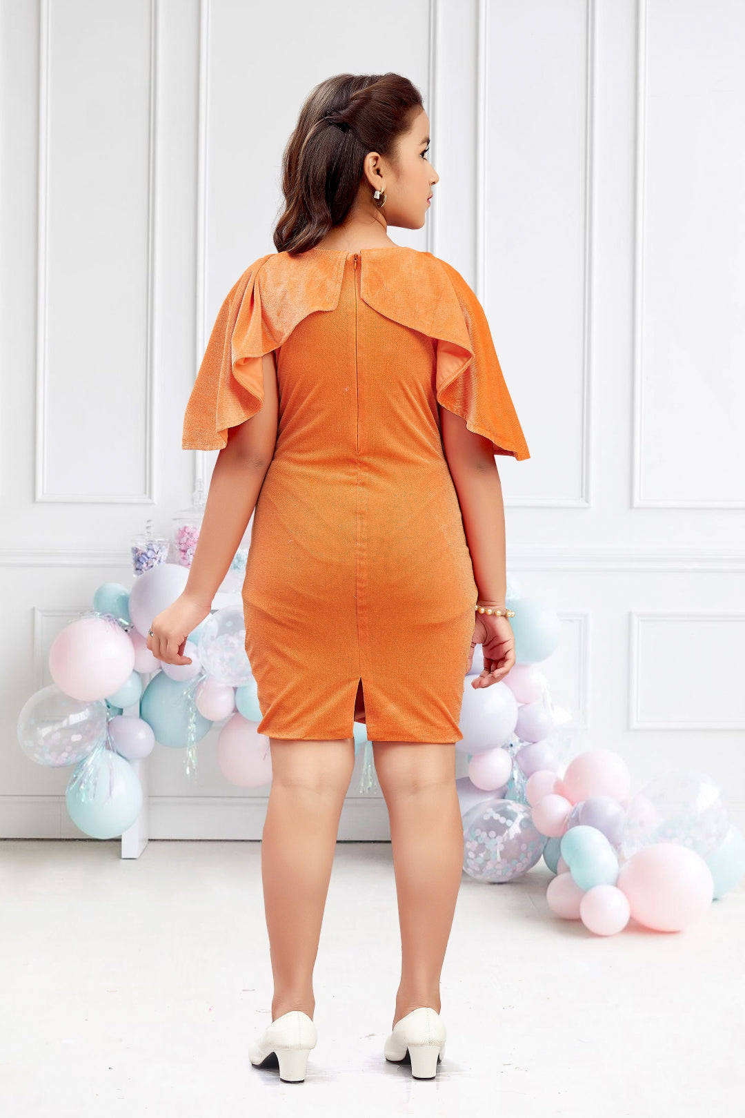 Girls Orange Flutter Cape Sleeves Midi Dress