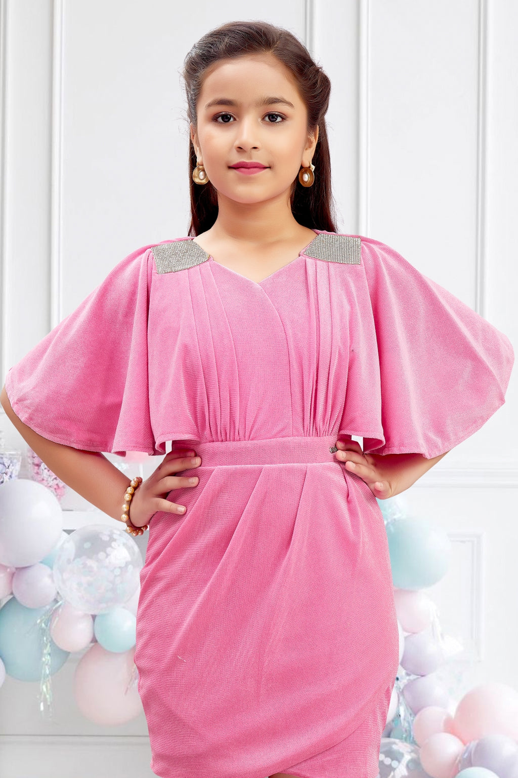 Girls Pink Flutter Cape Sleeves Midi Dress