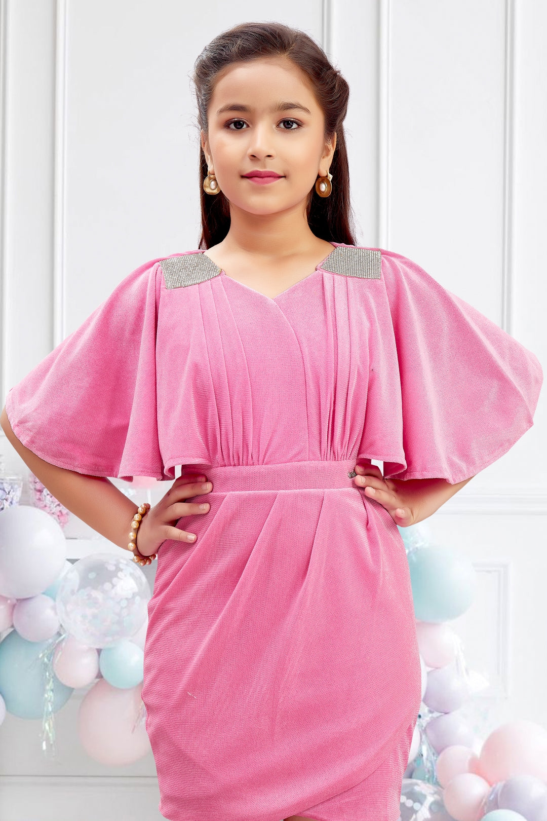 Girls Pink Flutter Cape Sleeves Midi Dress