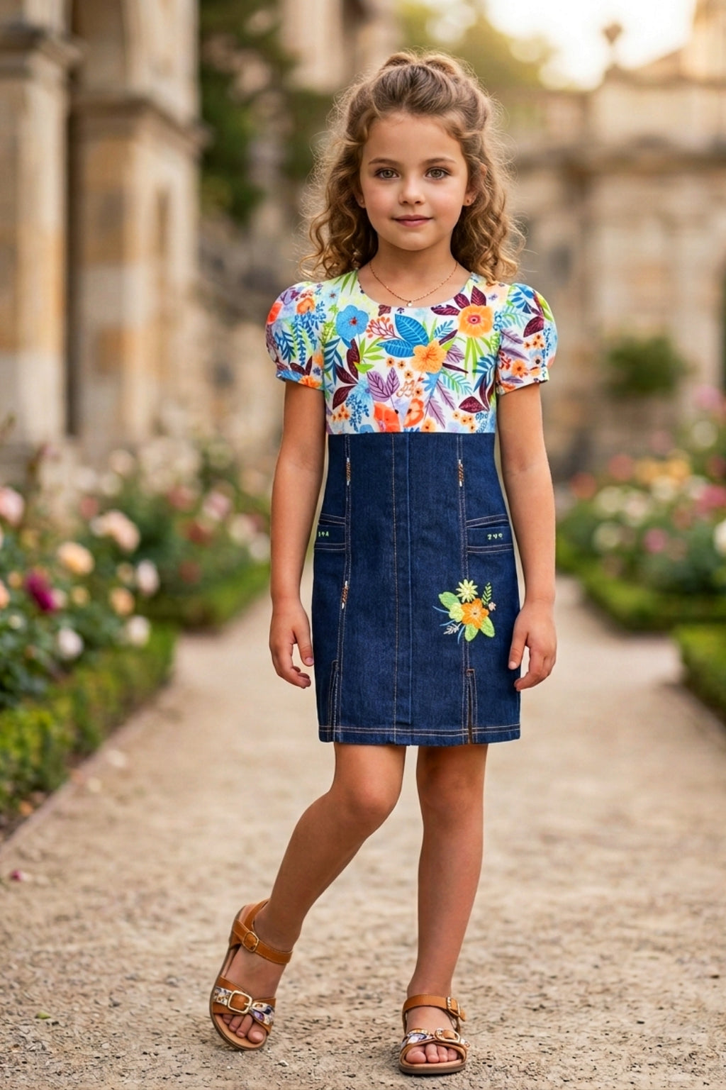 Girls Orange Floral Printed Denim Dress