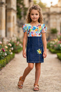 Girls Orange Floral Printed Denim Dress