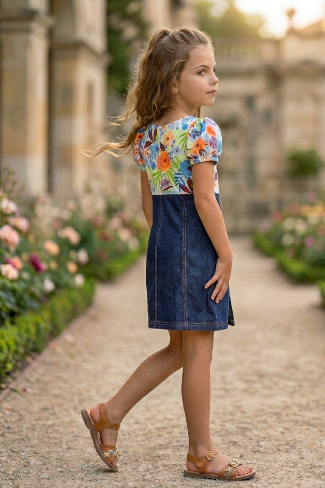 Girls Orange Floral Printed Denim Dress