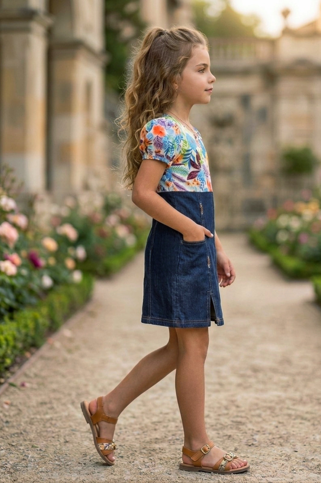 Girls Orange Floral Printed Denim Dress