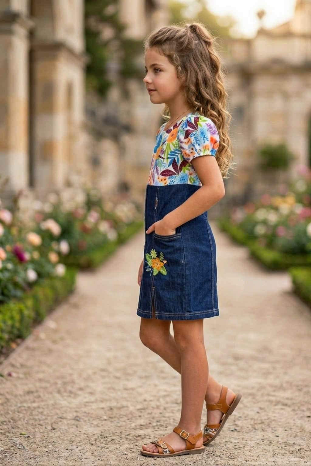 Girls Orange Floral Printed Denim Dress