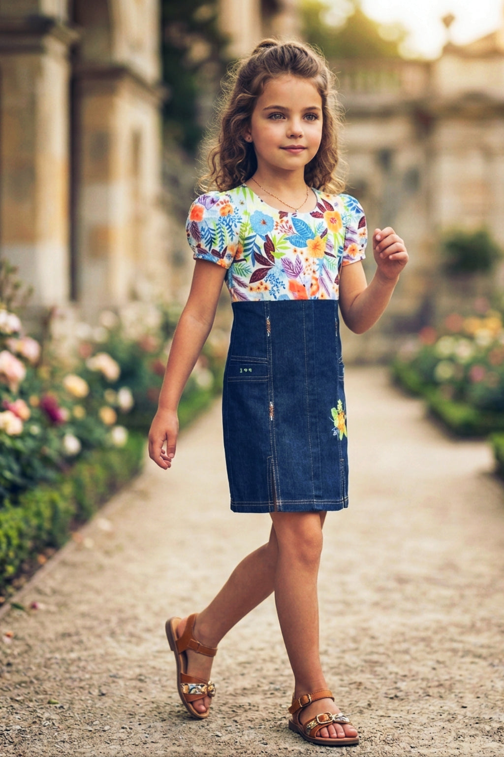 Girls Orange Floral Printed Denim Dress