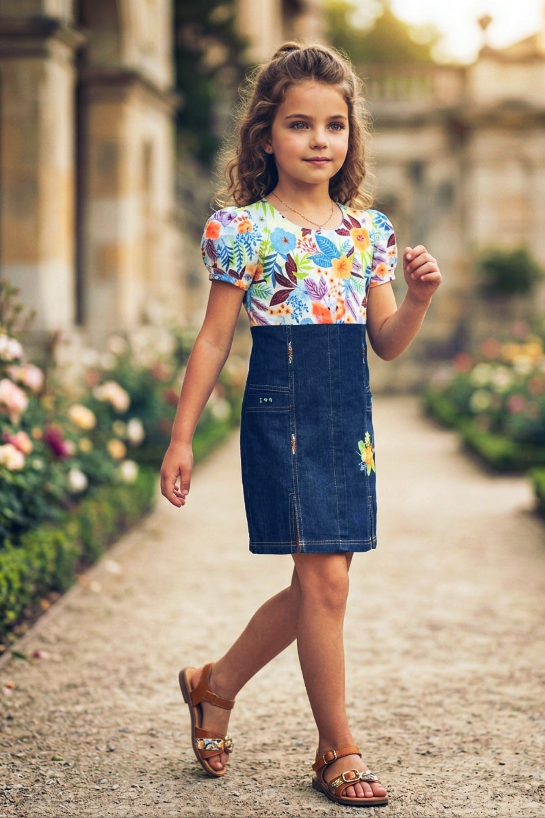Girls Orange Floral Printed Denim Dress