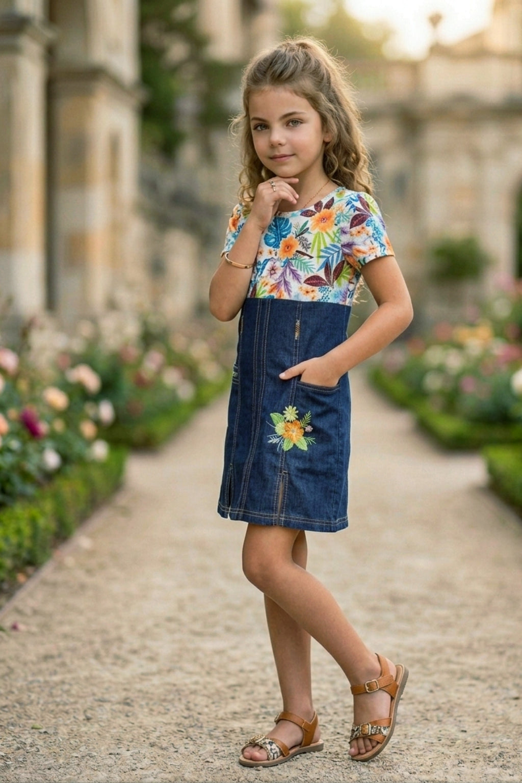 Girls Orange Floral Printed Denim Dress
