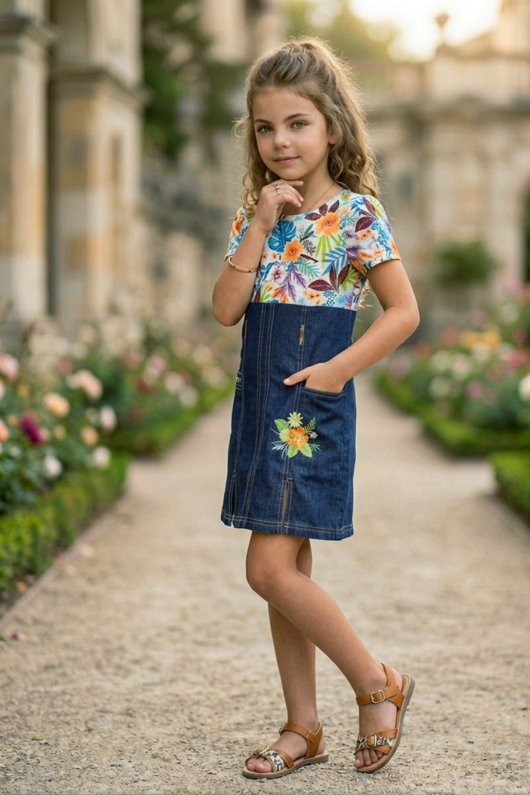 Girls Orange Floral Printed Denim Dress