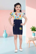 Girls Orange Floral Printed Denim Dress