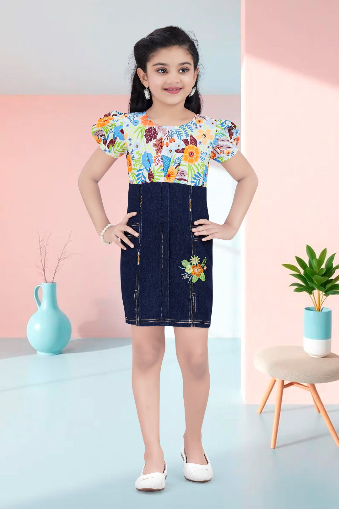 Girls Orange Floral Printed Denim Dress