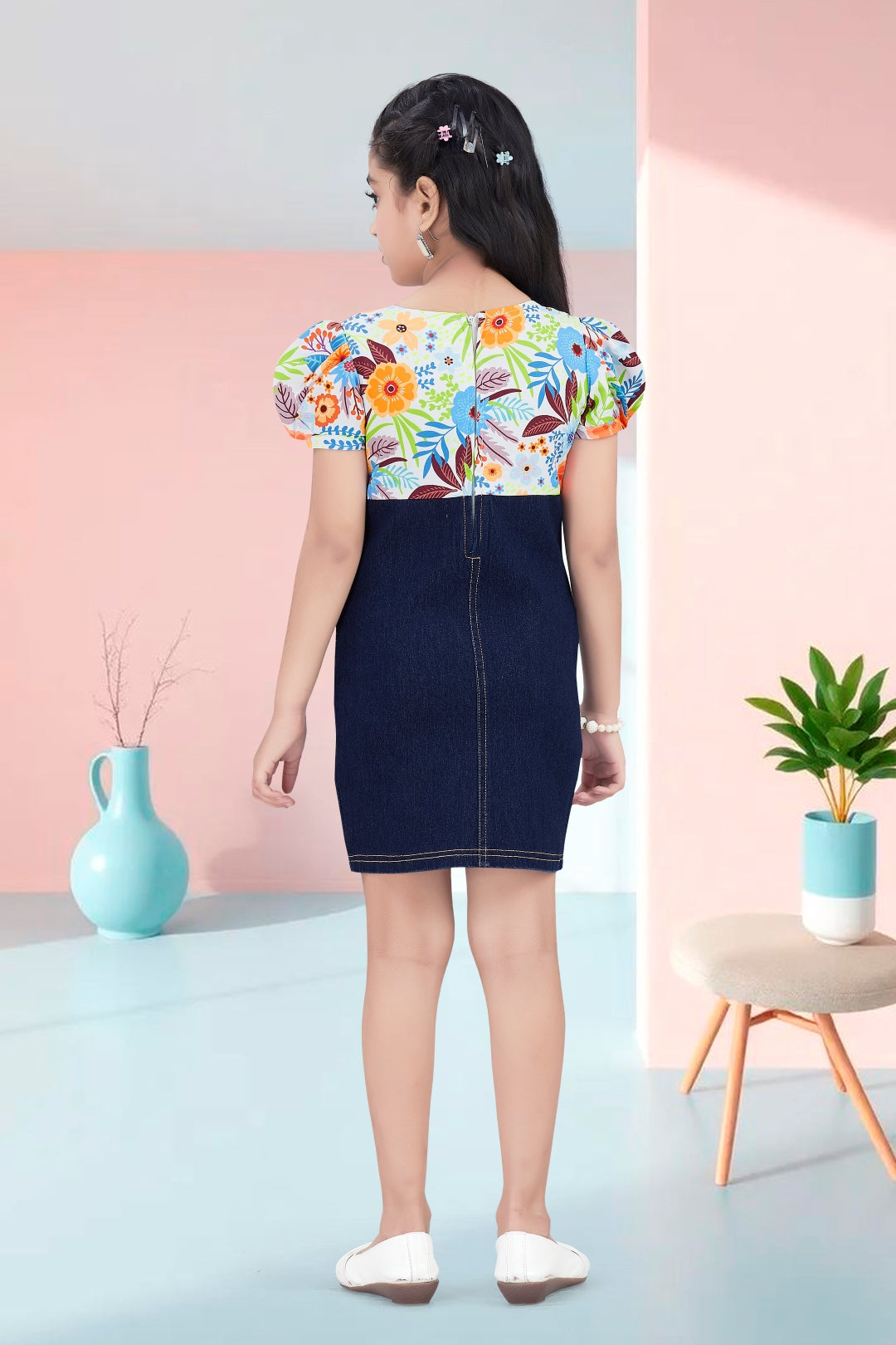 Girls Orange Floral Printed Denim Dress