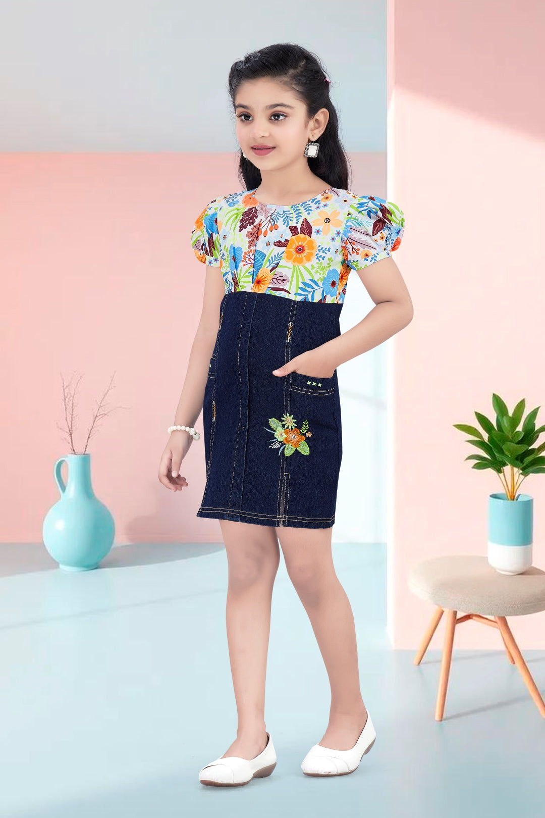 Girls Orange Floral Printed Denim Dress