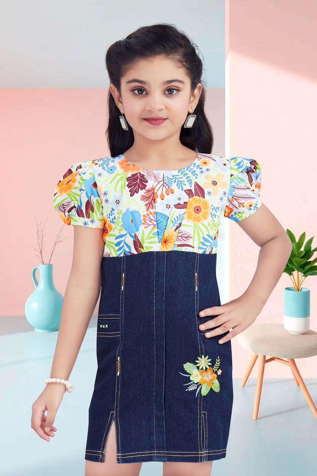 Girls Orange Floral Printed Denim Dress
