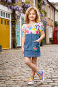 Girls Pink Floral Printed Denim Dress