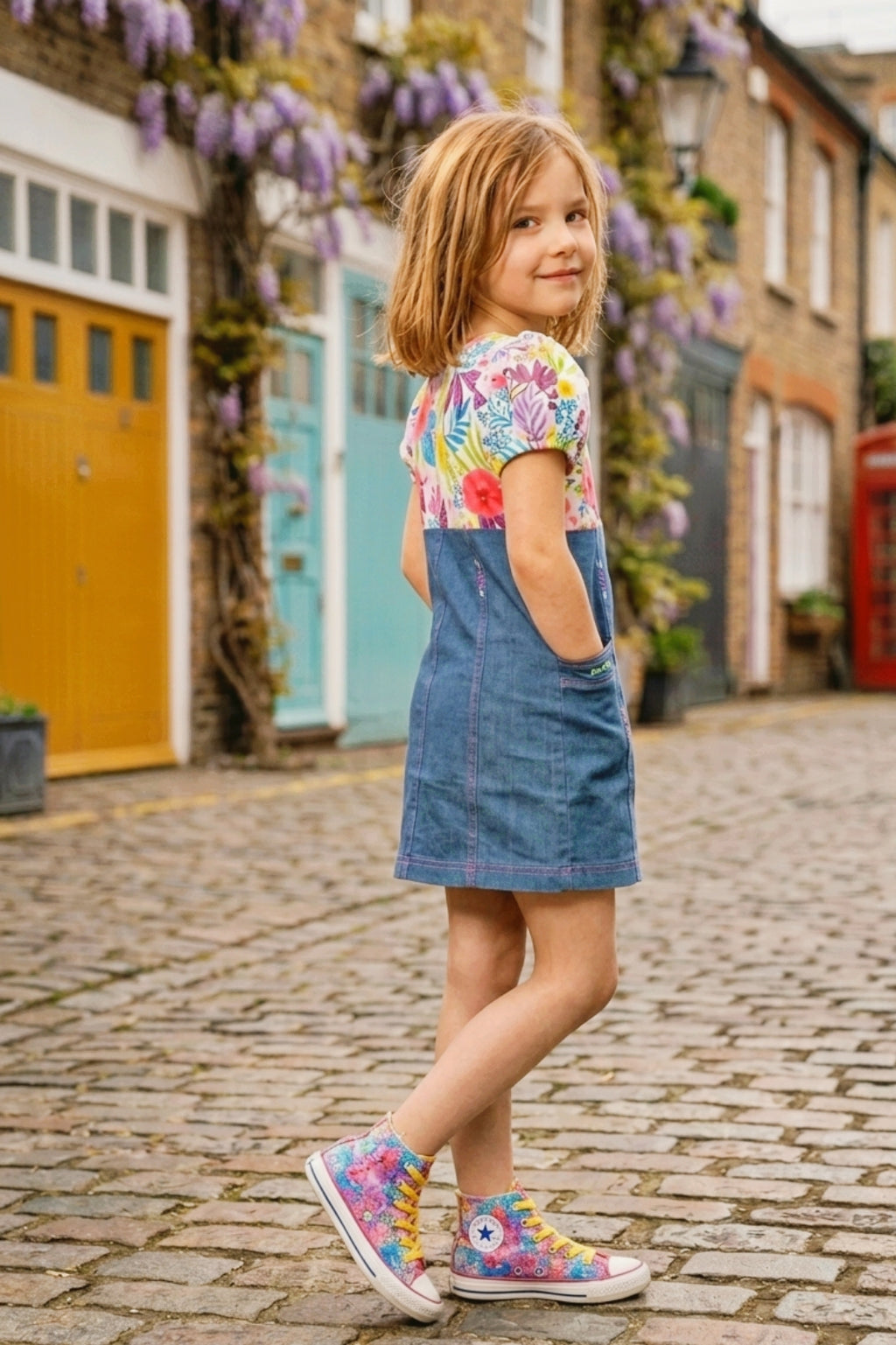 Girls Pink Floral Printed Denim Dress